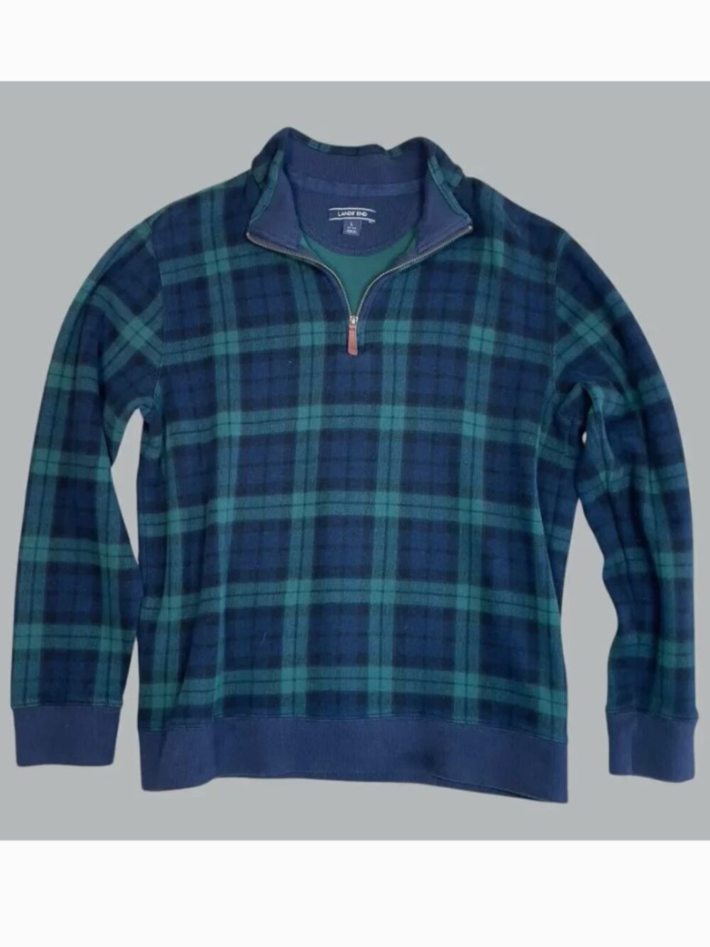 Lands End Blue Depths Tartan Bedford Quarter Zip Pullover Sweater Large